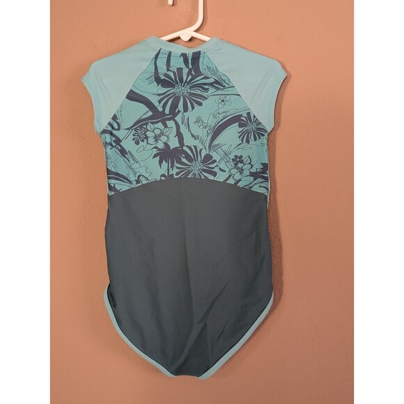 Athleta Girl Short Sleeve One Piece Rashguard Swimsuit Aqua Tropical, Small Sz 6 - Picture 3 of 5